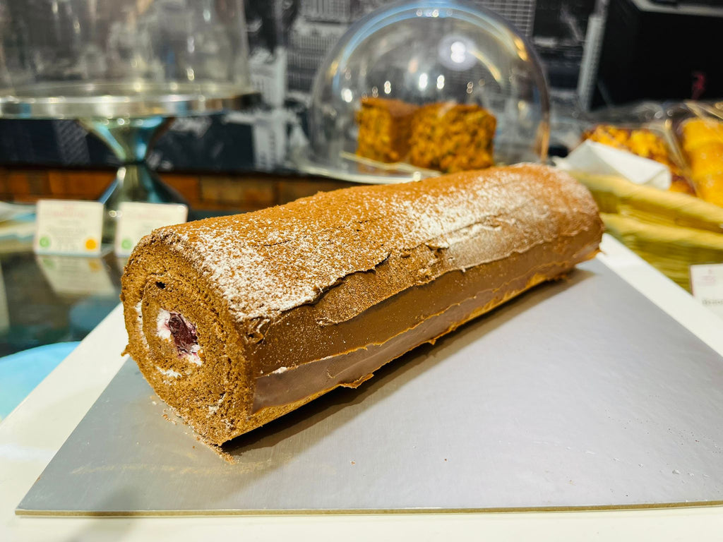Snowed Log Cake (Black Forest Swiss Roll)