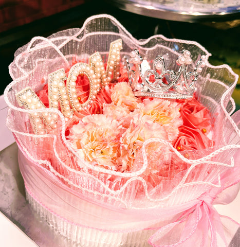 Pink Butter Cream Roses Ribbon Cake for MUM