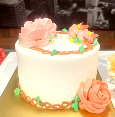 White Cream with Pink Floral Butter Cream Design Cake