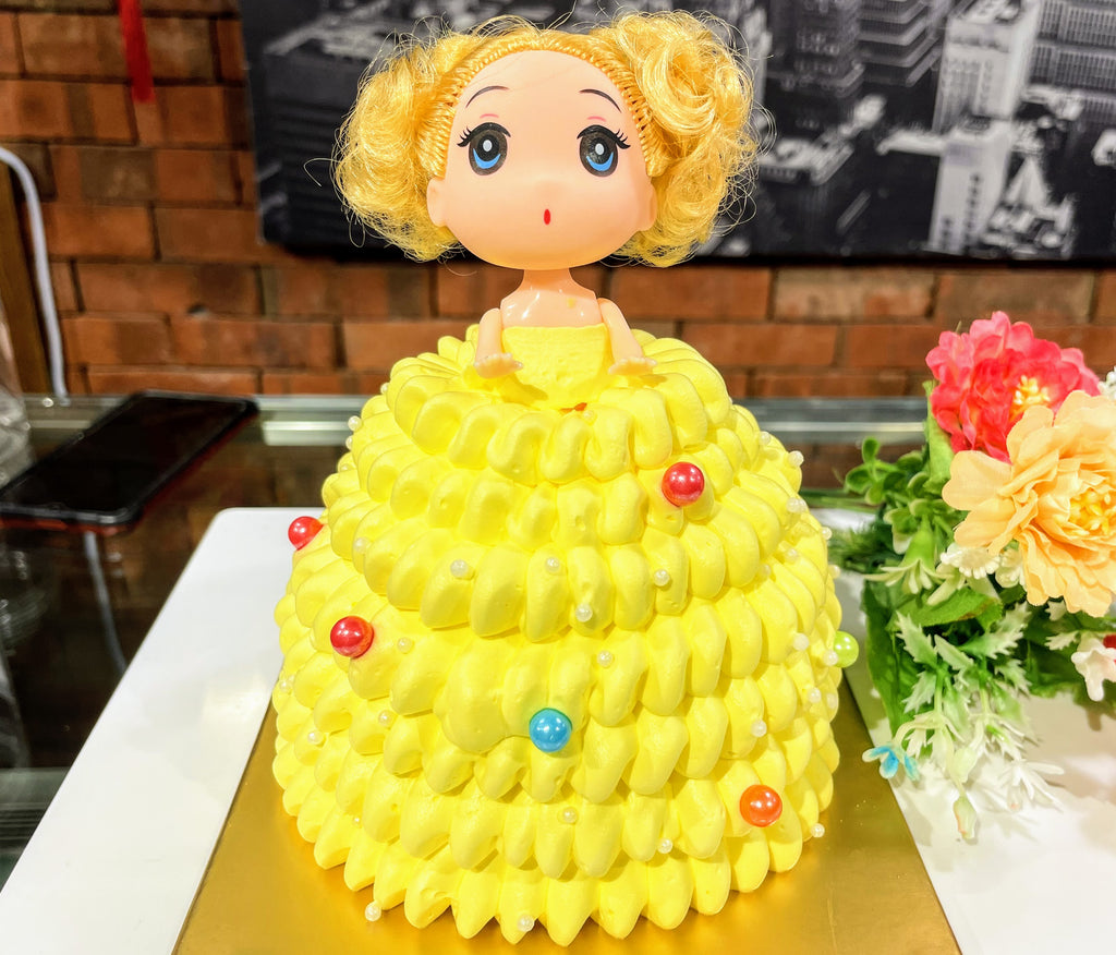 Yellow Princess Doll Theme Cream Design Cake