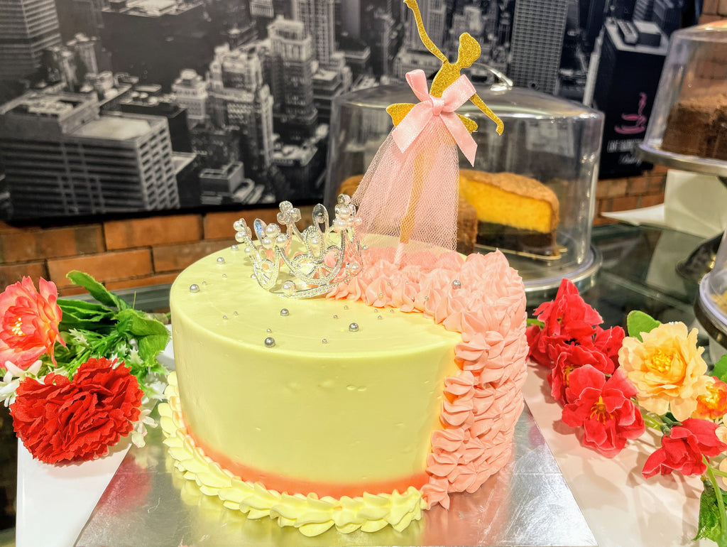 Dancing Princess with Pink Flora and Yellow Cream Design Cake
